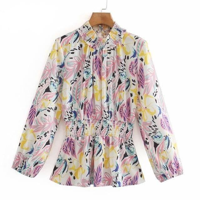 mock neck shirred waist ruffle blouse