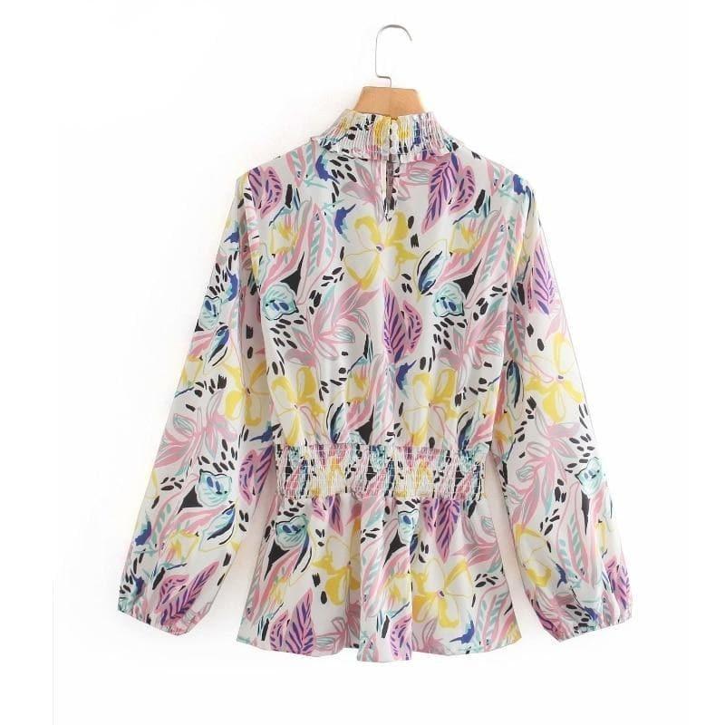 mock neck shirred waist ruffle blouse