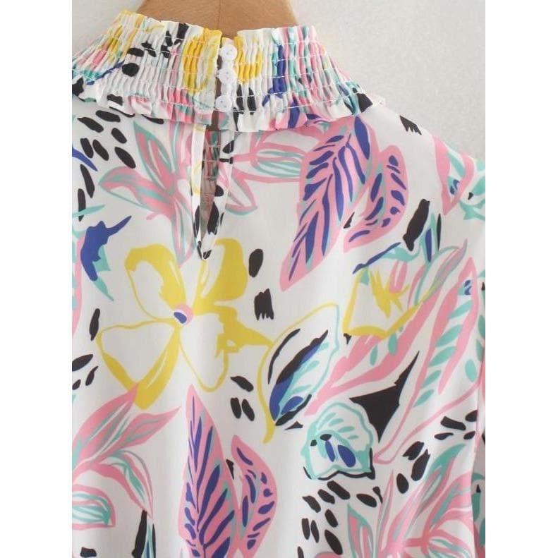 mock neck shirred waist ruffle blouse