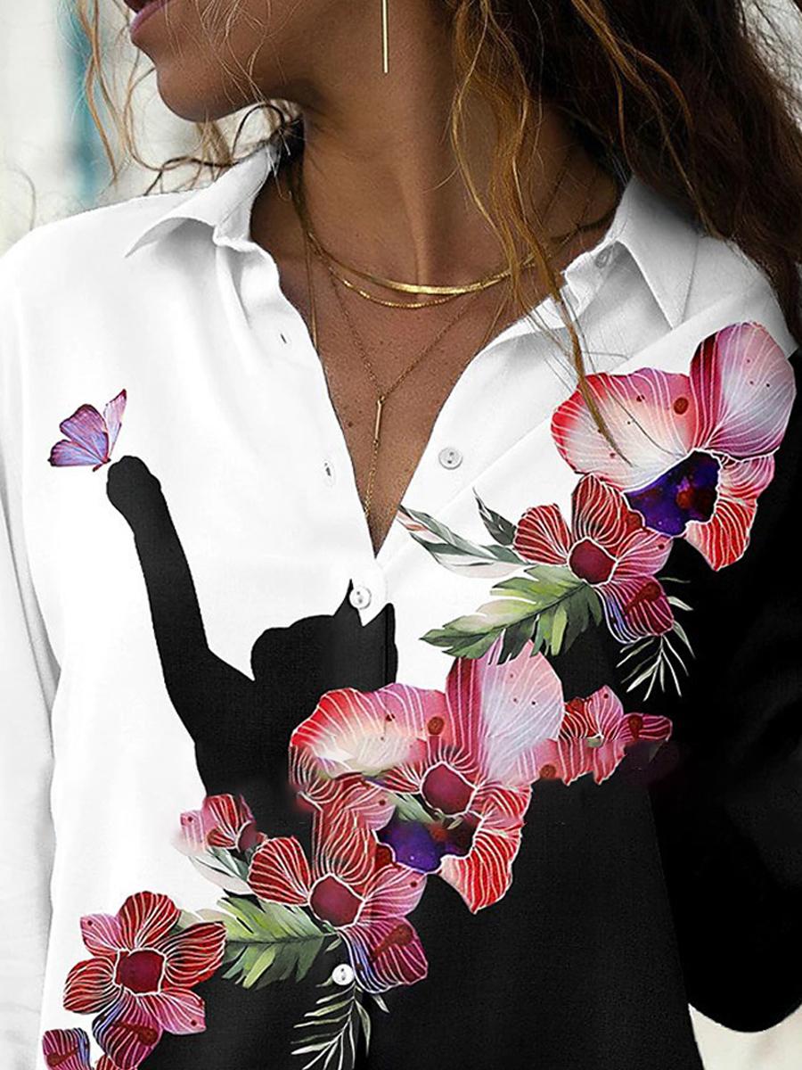 Fashion Casual Cat Floral Print Lapel Long Sleeve Shirt