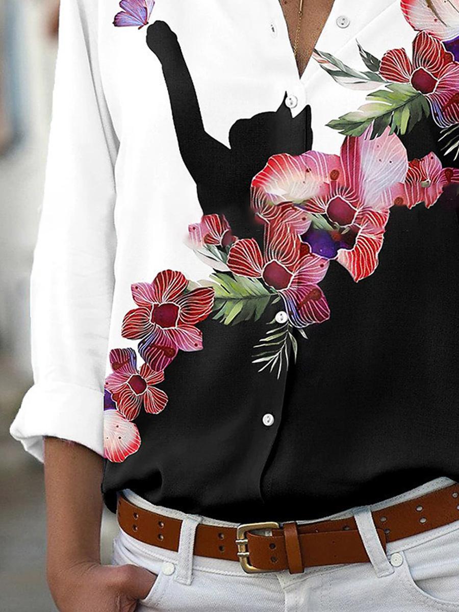 Fashion Casual Cat Floral Print Lapel Long Sleeve Shirt