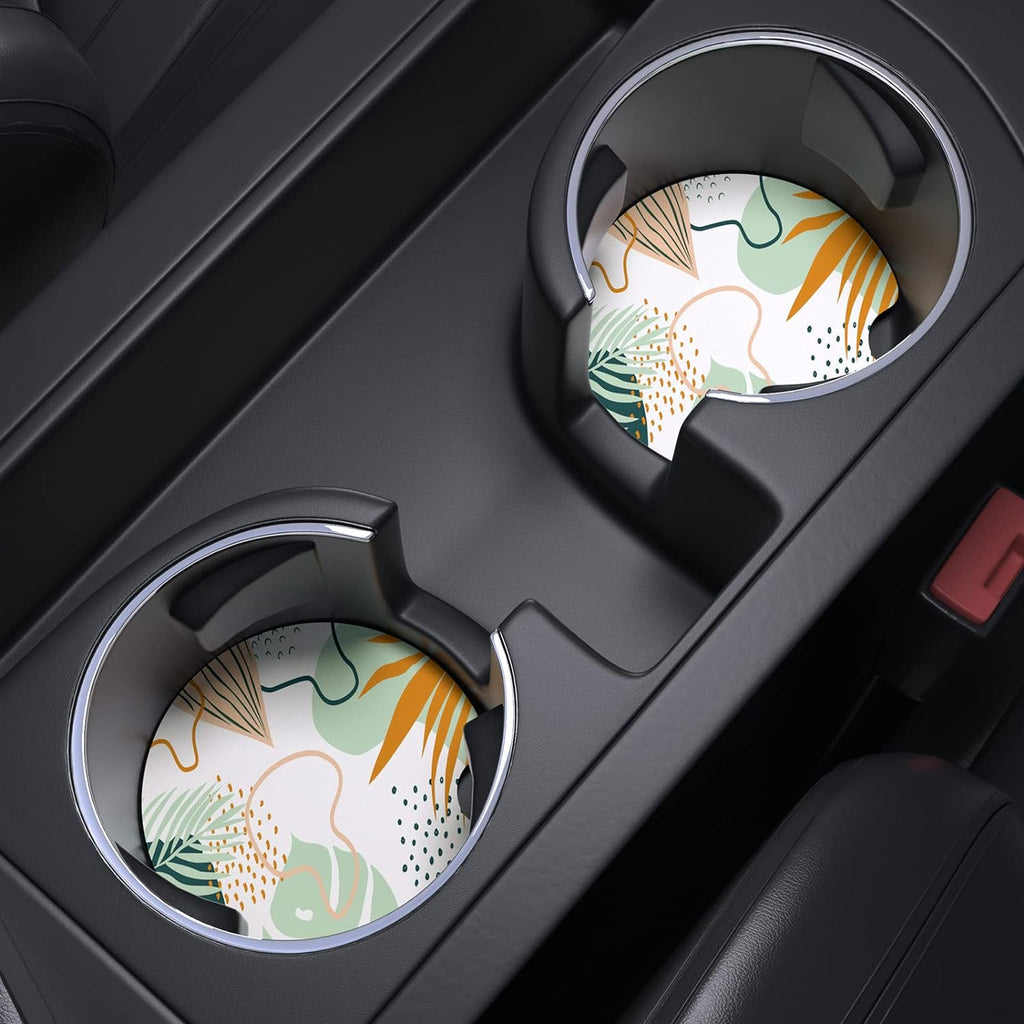 Nipichsha Car Cup Holder Coasters, Car Coasters for Cup Holders, 2 Pack Anti Slip Insert Coasters, Rubber Car Cup Mat with A Finger Notch, Cute Car Interior Accessories for Women Men(Boho Leaves)