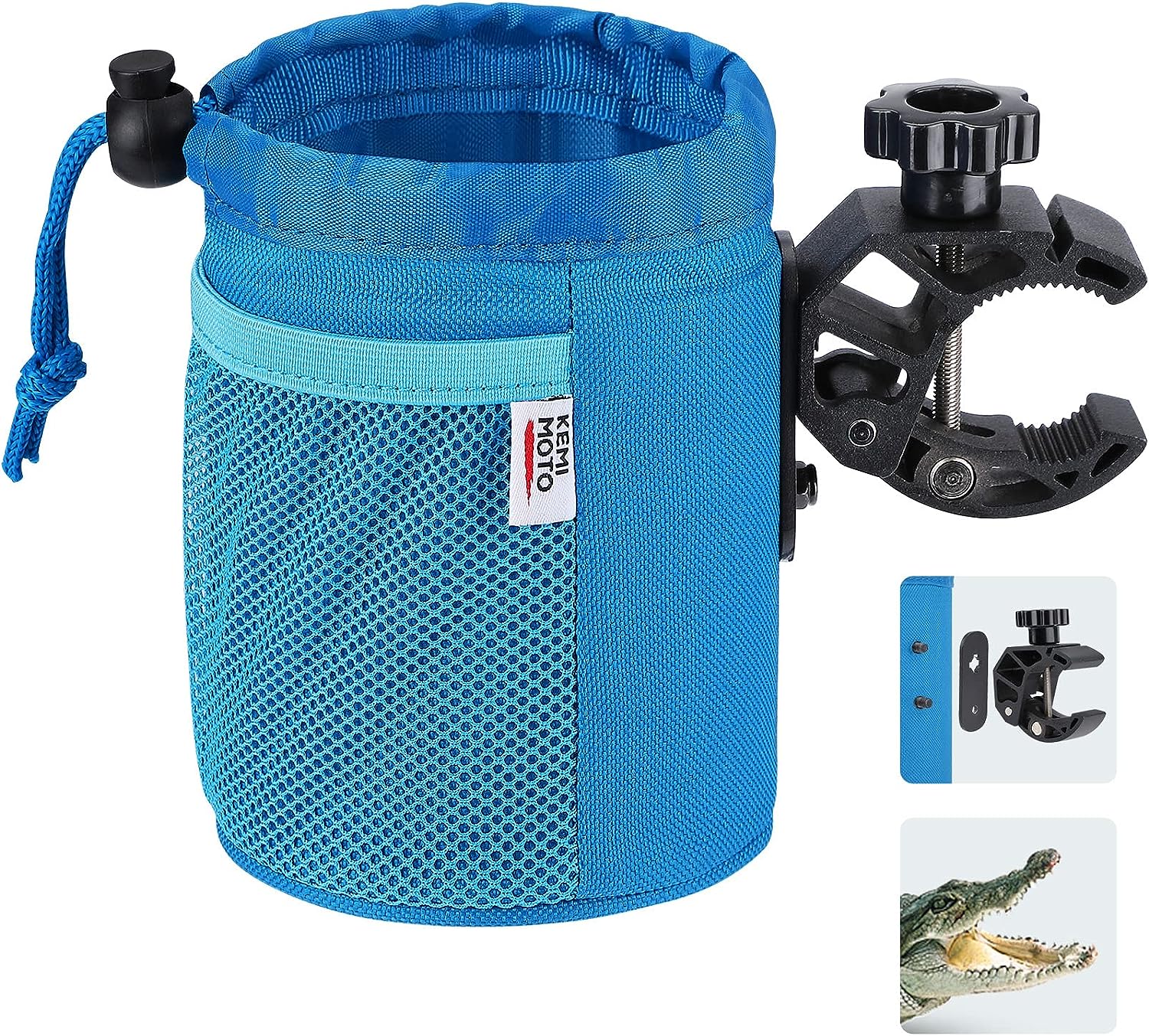 kemimoto Bike Cup Holder, Oxford Fabric Bicycle Cup Holder with 0.6"-1.5" Alligator Clamp, Cup Holder for Bike, Boat, Canoe, ATV, Motorcycle, Wheelchair, Walker, Scooter, Kayak, Camper, Blue