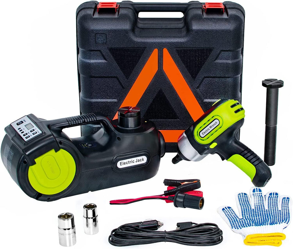 E-HEELP Car Jack Hydraulic 5Ton 12V Electric Car Jack Kit (Lifting Range: 6.1-20.86 inch) with Impact Wrench & Inflator for Car SUV Sedan MPV with LCD & Tire Pressure Display