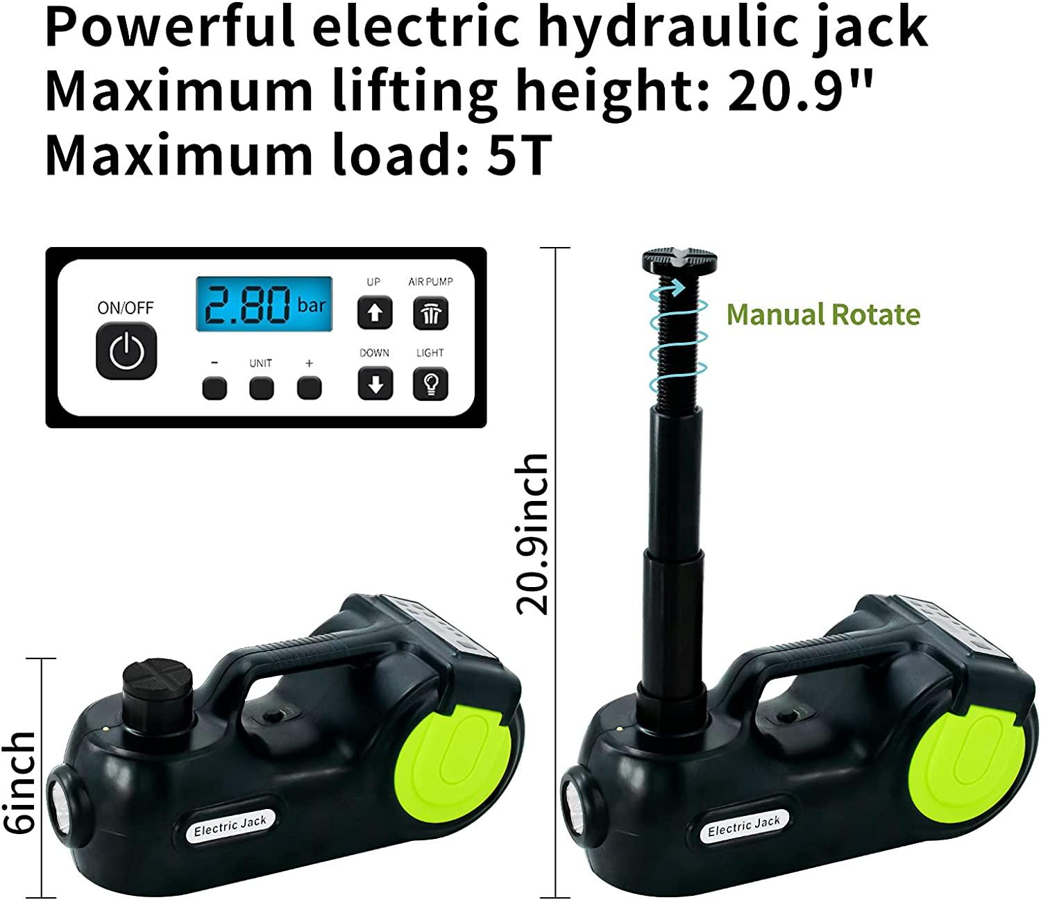 E-HEELP Car Jack Hydraulic 5Ton 12V Electric Car Jack Kit (Lifting Range: 6.1-20.86 inch) with Impact Wrench & Inflator for Car SUV Sedan MPV with LCD & Tire Pressure Display