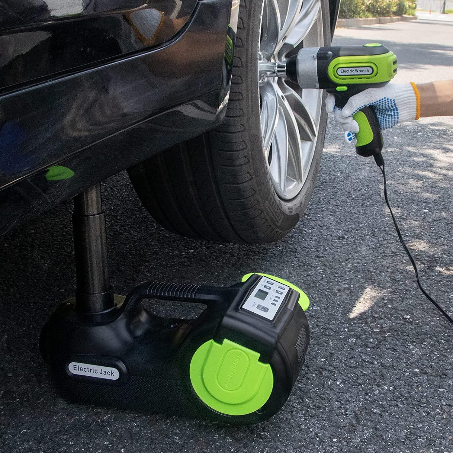 E-HEELP Car Jack Hydraulic 5Ton 12V Electric Car Jack Kit (Lifting Range: 6.1-20.86 inch) with Impact Wrench & Inflator for Car SUV Sedan MPV with LCD & Tire Pressure Display