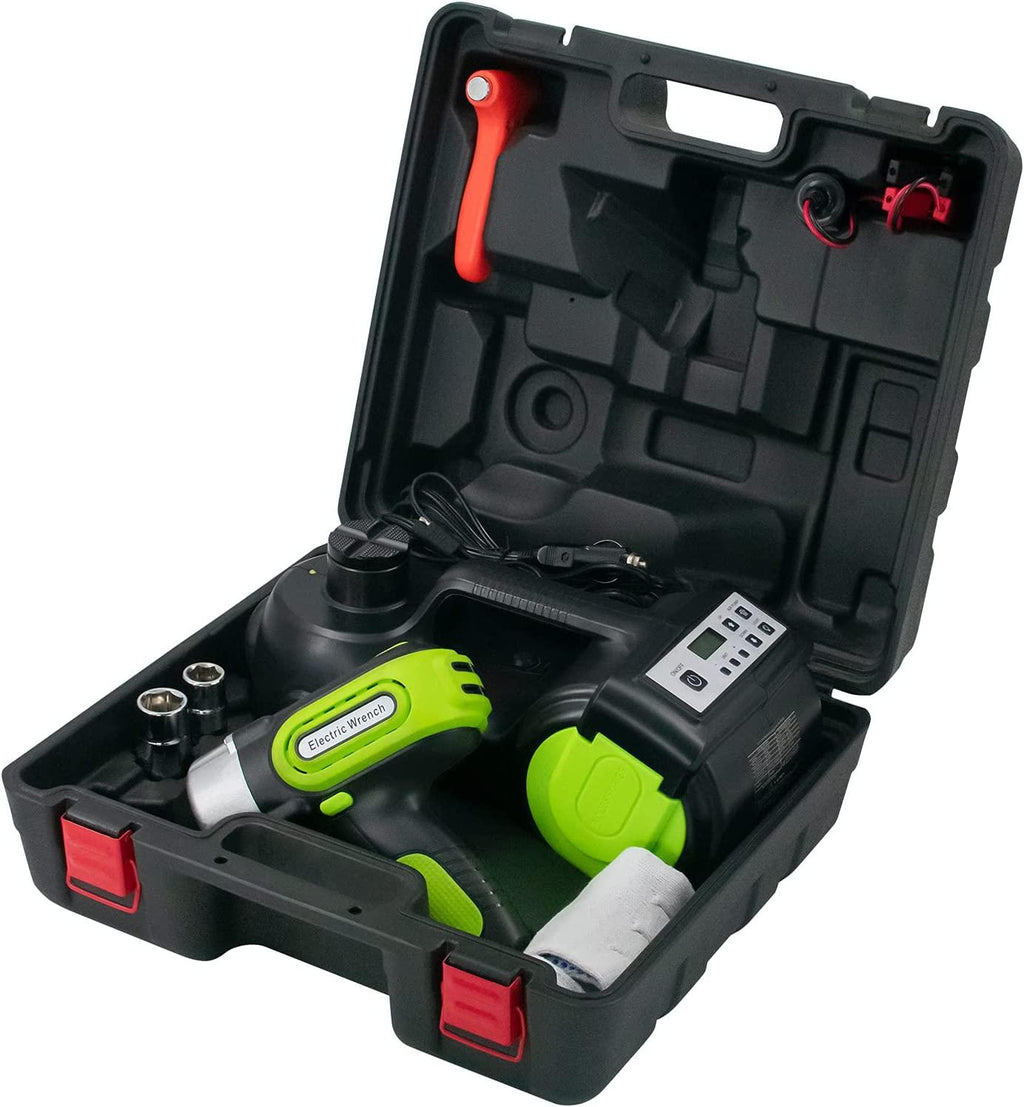 E-HEELP Car Jack Hydraulic 5Ton 12V Electric Car Jack Kit (Lifting Range: 6.1-20.86 inch) with Impact Wrench & Inflator for Car SUV Sedan MPV with LCD & Tire Pressure Display