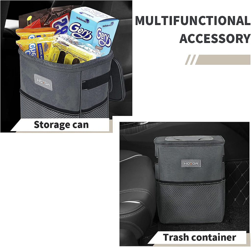 HOTOR Car Trash Can, Multifunctional Car Accessory for Interior Car Stuff Storage with Compact Design, Waterproof Car Organizer and Storage with Adjustable Straps, Magnetic Snaps (Gray)