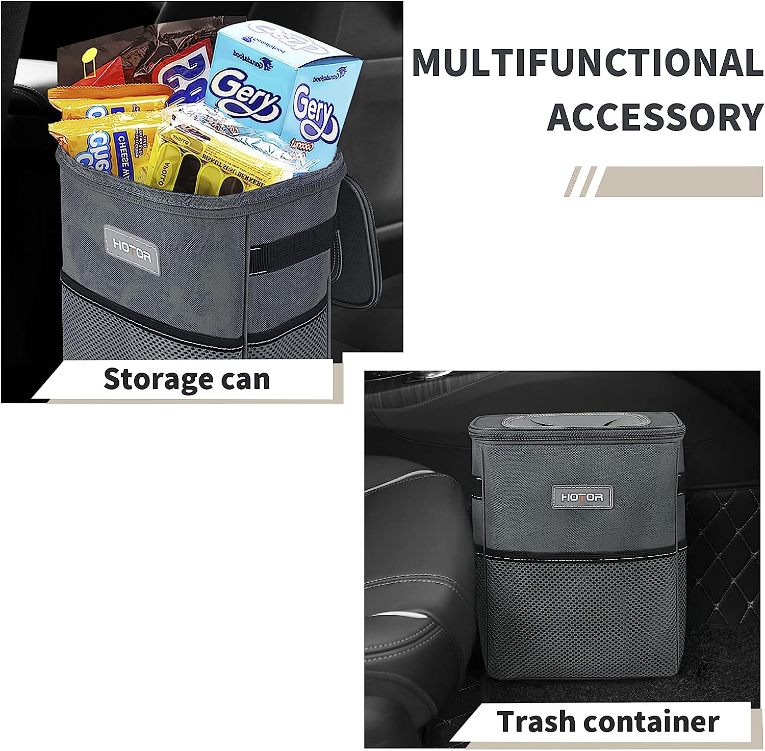 HOTOR Car Trash Can, Multifunctional Car Accessory for Interior Car Stuff Storage with Compact Design, Waterproof Car Organizer and Storage with Adjustable Straps, Magnetic Snaps (Gray)