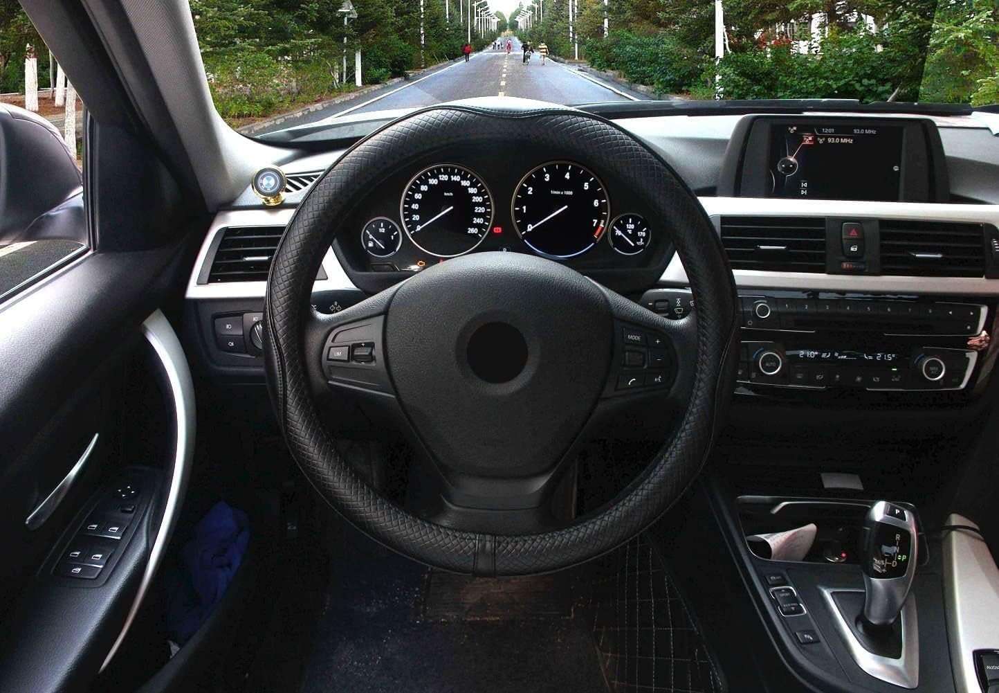 Valleycomfy Universal 15 inch Auto Car Steering Wheel Cover with Black Genuine Leather for HRV CRV Accord Corolla Prius Rav4 Tacoma Camry X1 X3 X5 335i 535i,etc