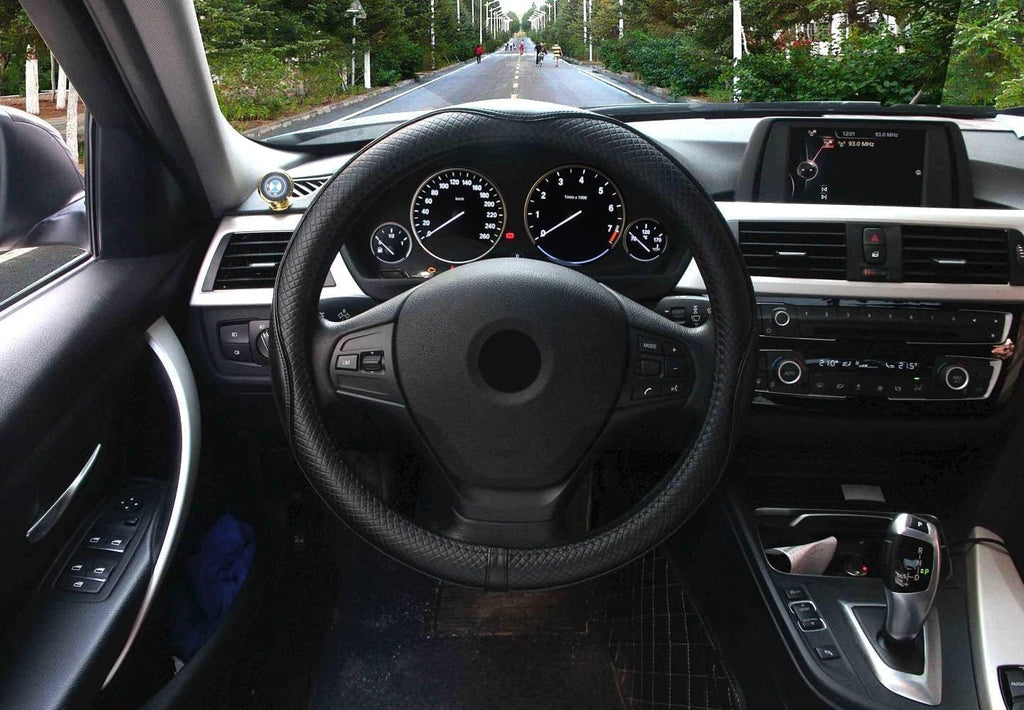 Valleycomfy Steering Wheel Covers Universal 15.75 inch - Genuine Leather, Breathable, Anti Slip &amp; Odor (Black with Black Lines, L(15" 1/2-16"))