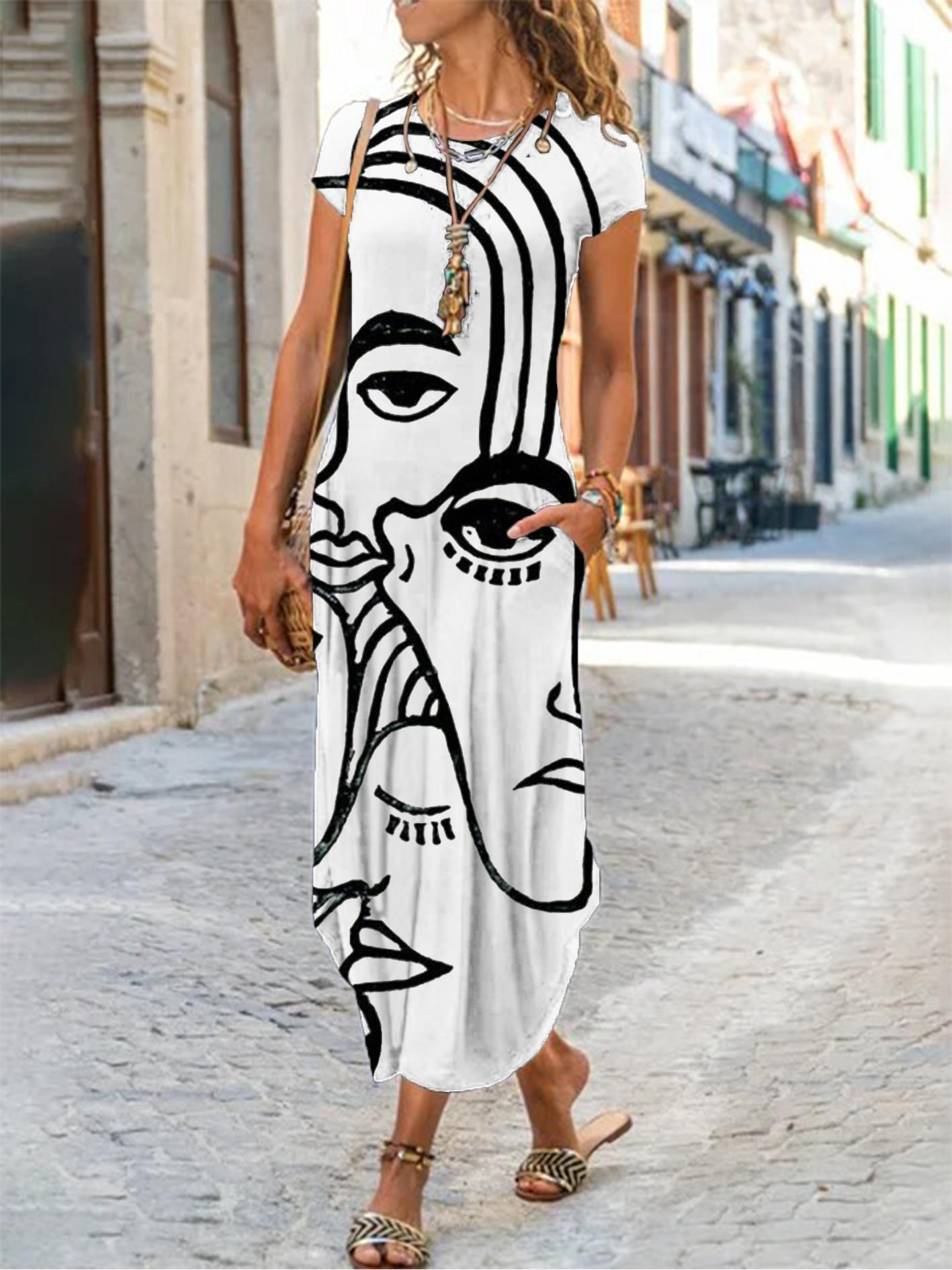 Women Fashion Casual Art Print Short Sleeve Maxi Dress