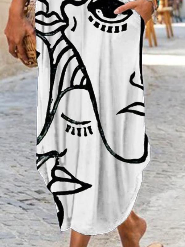 Women Fashion Casual Art Print Short Sleeve Maxi Dress