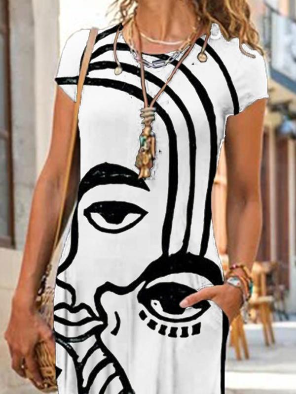 Women Fashion Casual Art Print Short Sleeve Maxi Dress