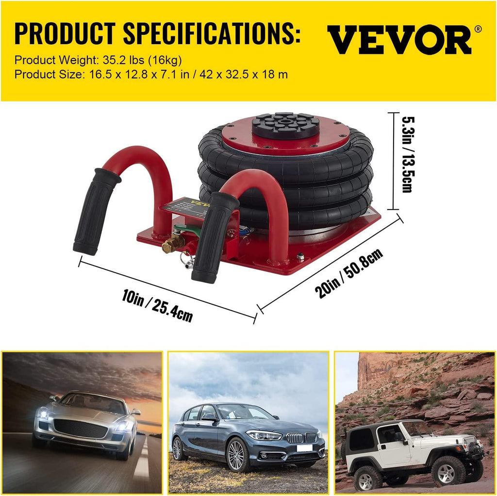 Mophorn Triple Bag Air Jack, 3 Ton (6600 lbs) Capacity, Portable Pneumatic Car Jacks, Fast Lifting up to 16 Inch Height, Heavy Duty &  Lifting for GaraCar Repair, Red