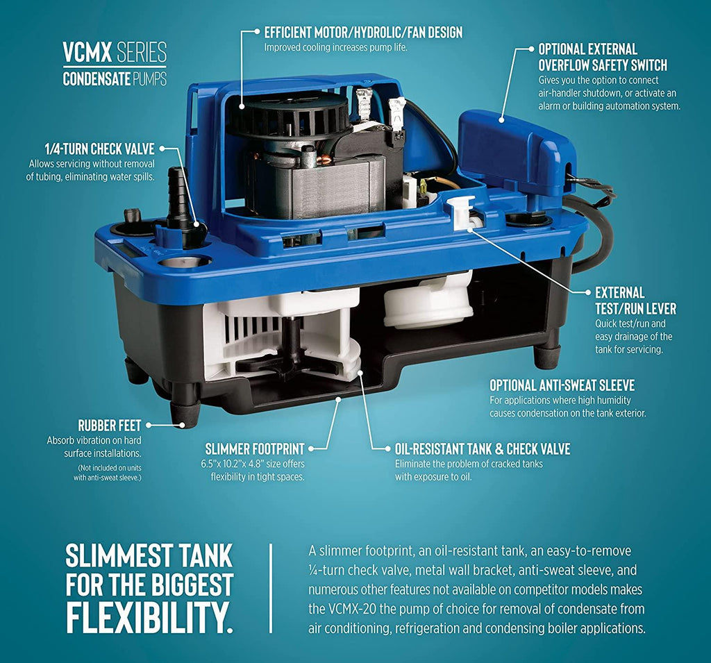 Little Giant VCMX-20ULS-C 115 Volt, 84 GPH, 1/30 HP, Automatic Condensate Removal Pump, 6-Ft. Power Cord, Safety Switch, Anti-Sweat Sleeve, Blue, 554542