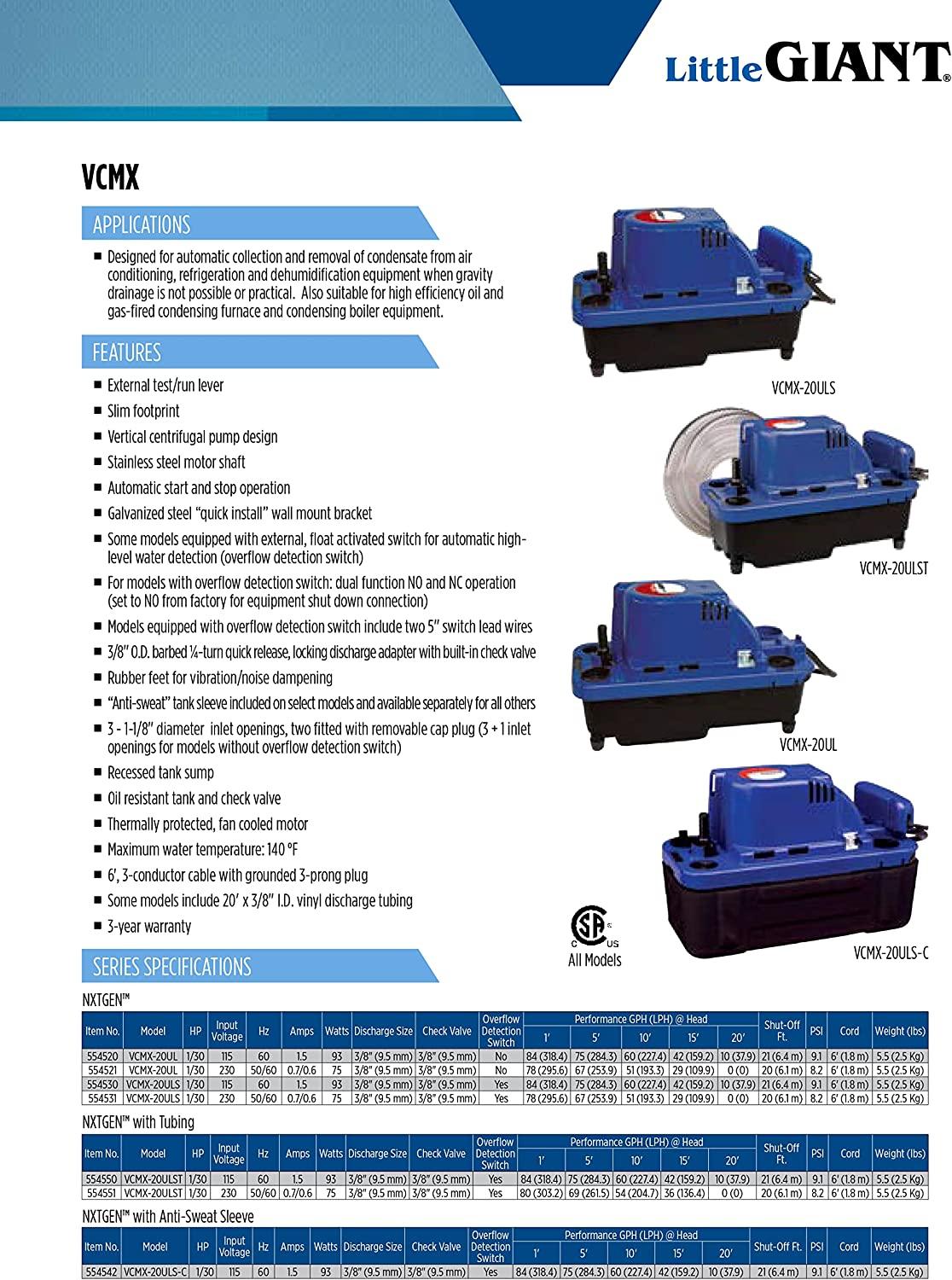 Little Giant VCMX-20ULS-C 115 Volt, 84 GPH, 1/30 HP, Automatic Condensate Removal Pump, 6-Ft. Power Cord, Safety Switch, Anti-Sweat Sleeve, Blue, 554542