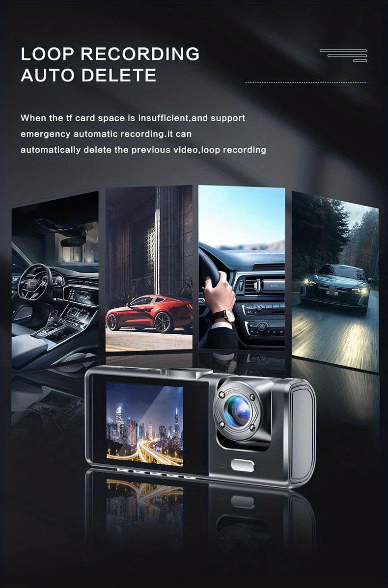 1080P 2 Cameras Dash Cam W/ IR Night Vision, Loop Recording &amp; 2" IPS Screen