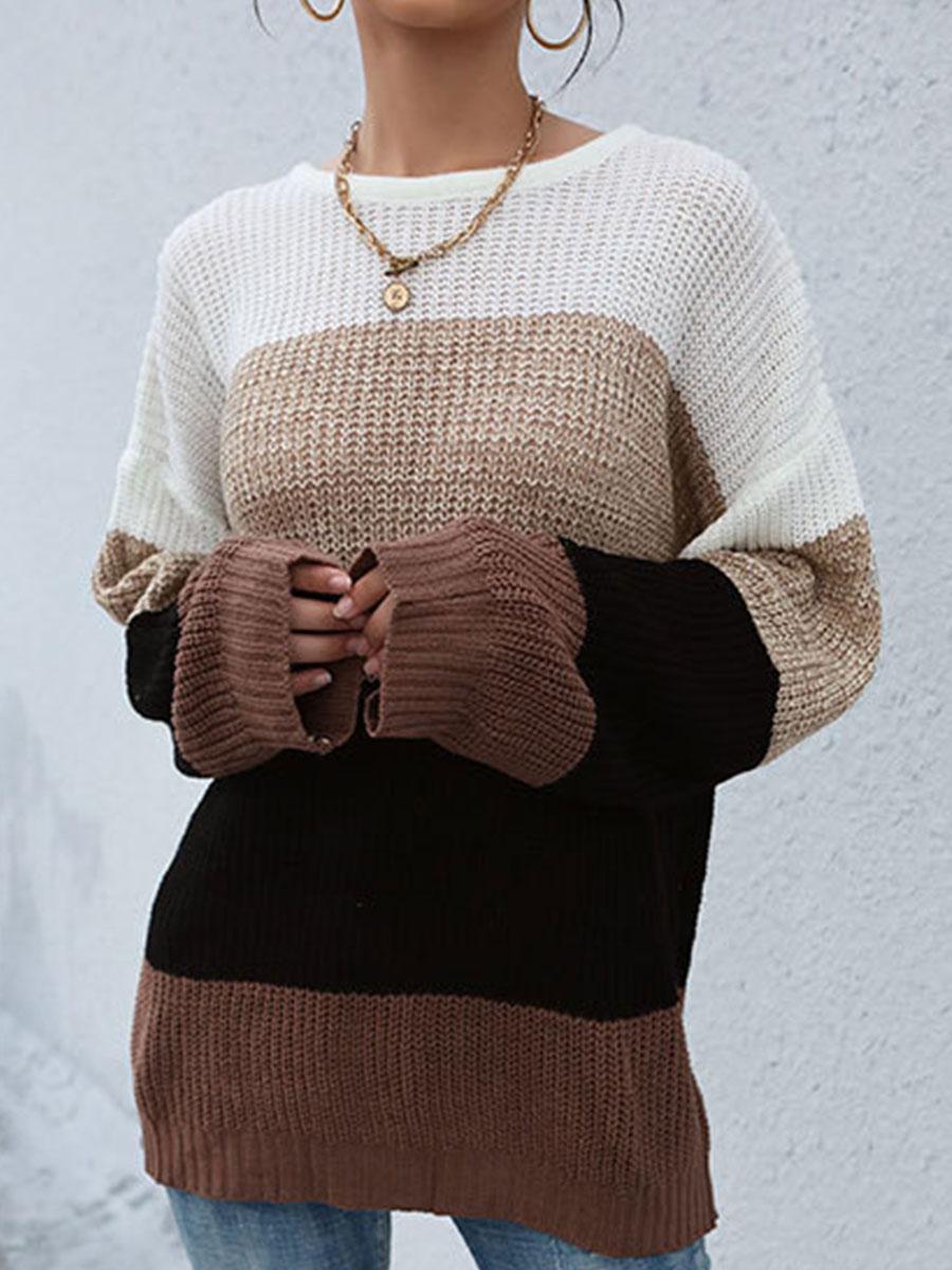 Fashion Color Matching Striped Round Neck Loose Pullover
