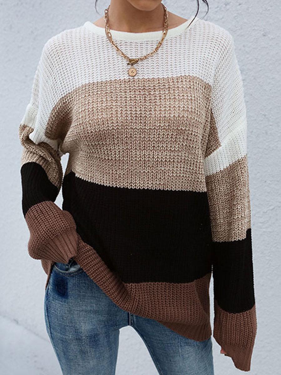Fashion Color Matching Striped Round Neck Loose Pullover