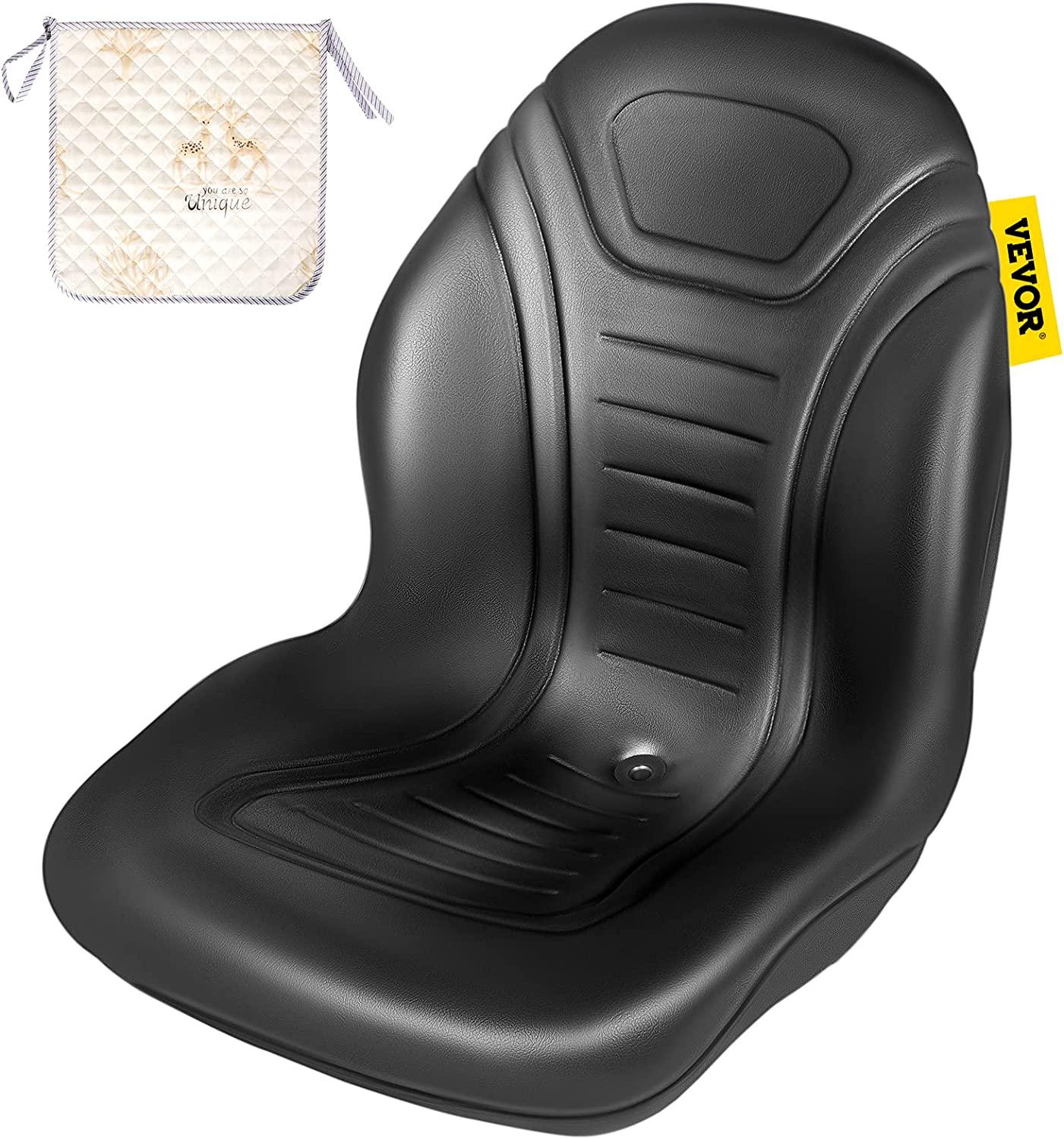Universal Lawn Tractor Seat Replacement, Compact High Back Mower Seat, Black Vinyl Forklift Seat, Central Drain Hole Skid Steer Seat with Mounting Bolt Patterns of 8" x 11.5" & 11.25" x 11.5"