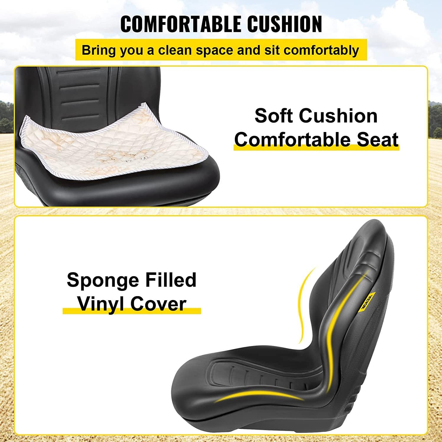 Universal Lawn Tractor Seat Replacement, Compact High Back Mower Seat, Black Vinyl Forklift Seat, Central Drain Hole Skid Steer Seat with Mounting Bolt Patterns of 8" x 11.5" & 11.25" x 11.5"
