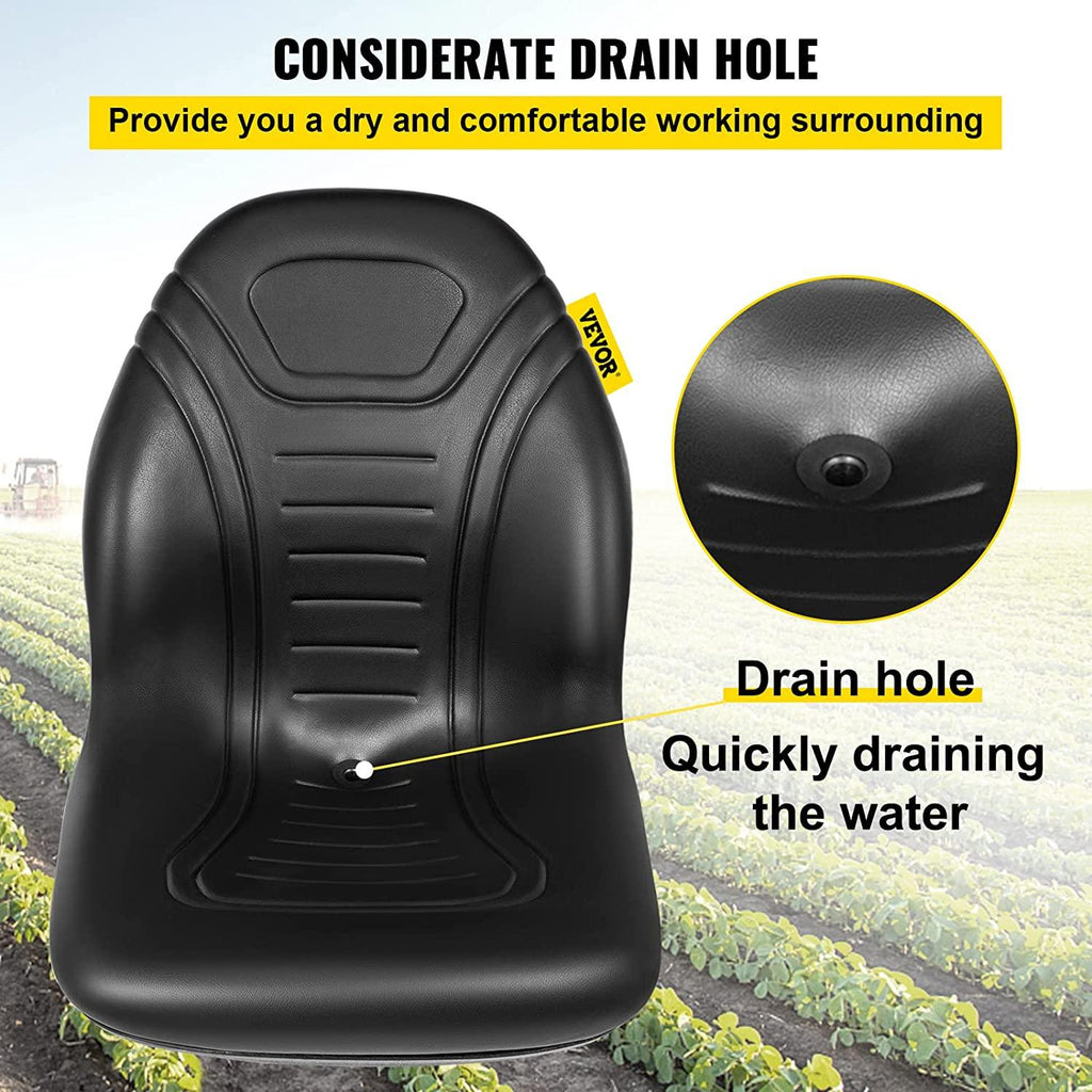 Universal Lawn Tractor Seat Replacement, Compact High Back Mower Seat, Black Vinyl Forklift Seat, Central Drain Hole Skid Steer Seat with Mounting Bolt Patterns of 8" x 11.5" & 11.25" x 11.5"