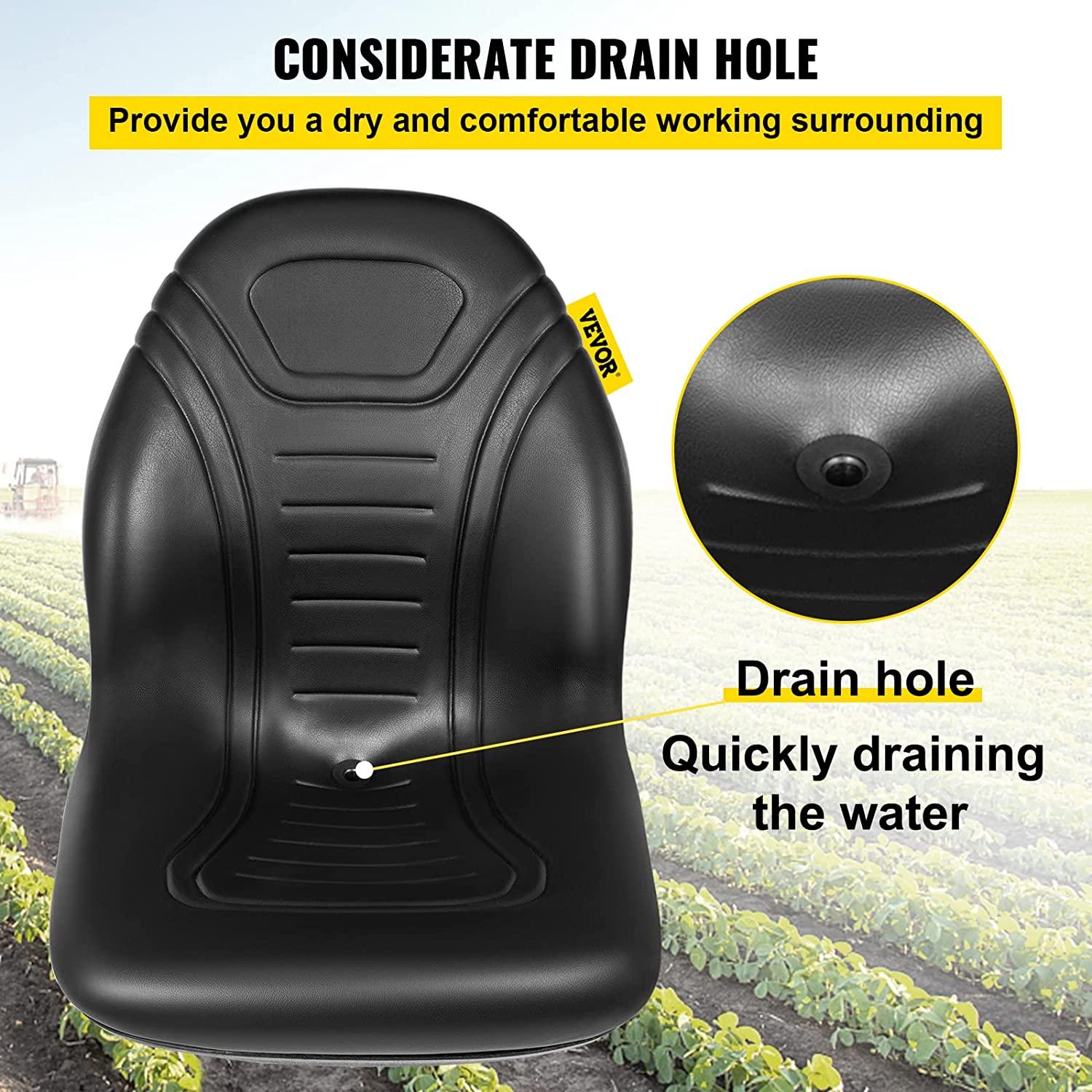 Universal Lawn Tractor Seat Replacement, Compact High Back Mower Seat, Black Vinyl Forklift Seat, Central Drain Hole Skid Steer Seat with Mounting Bolt Patterns of 8" x 11.5" & 11.25" x 11.5"