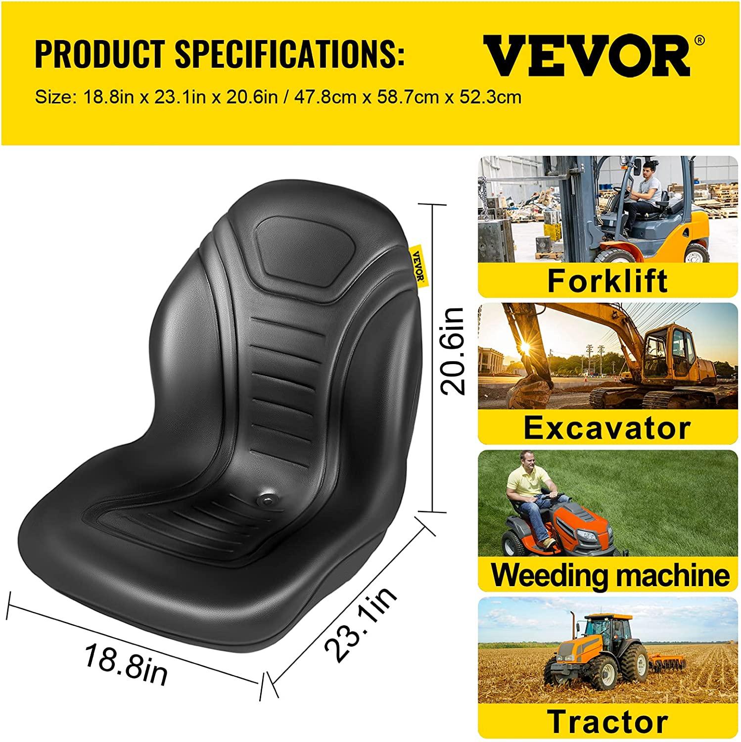 Universal Lawn Tractor Seat Replacement, Compact High Back Mower Seat, Black Vinyl Forklift Seat, Central Drain Hole Skid Steer Seat with Mounting Bolt Patterns of 8" x 11.5" & 11.25" x 11.5"