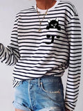 Fun Cat Print Striped Casual Long Sleeve T-shirt