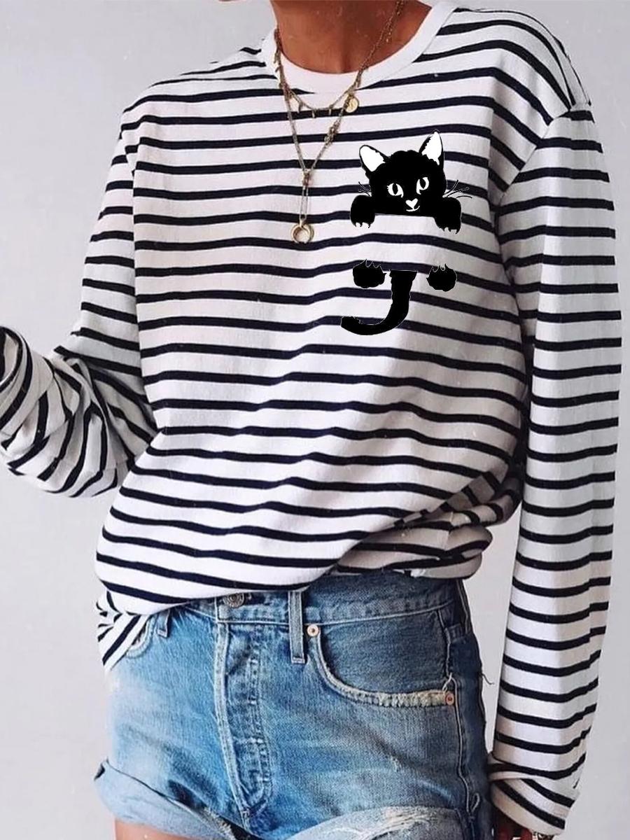 Fun Cat Print Striped Casual Long Sleeve T-shirt
