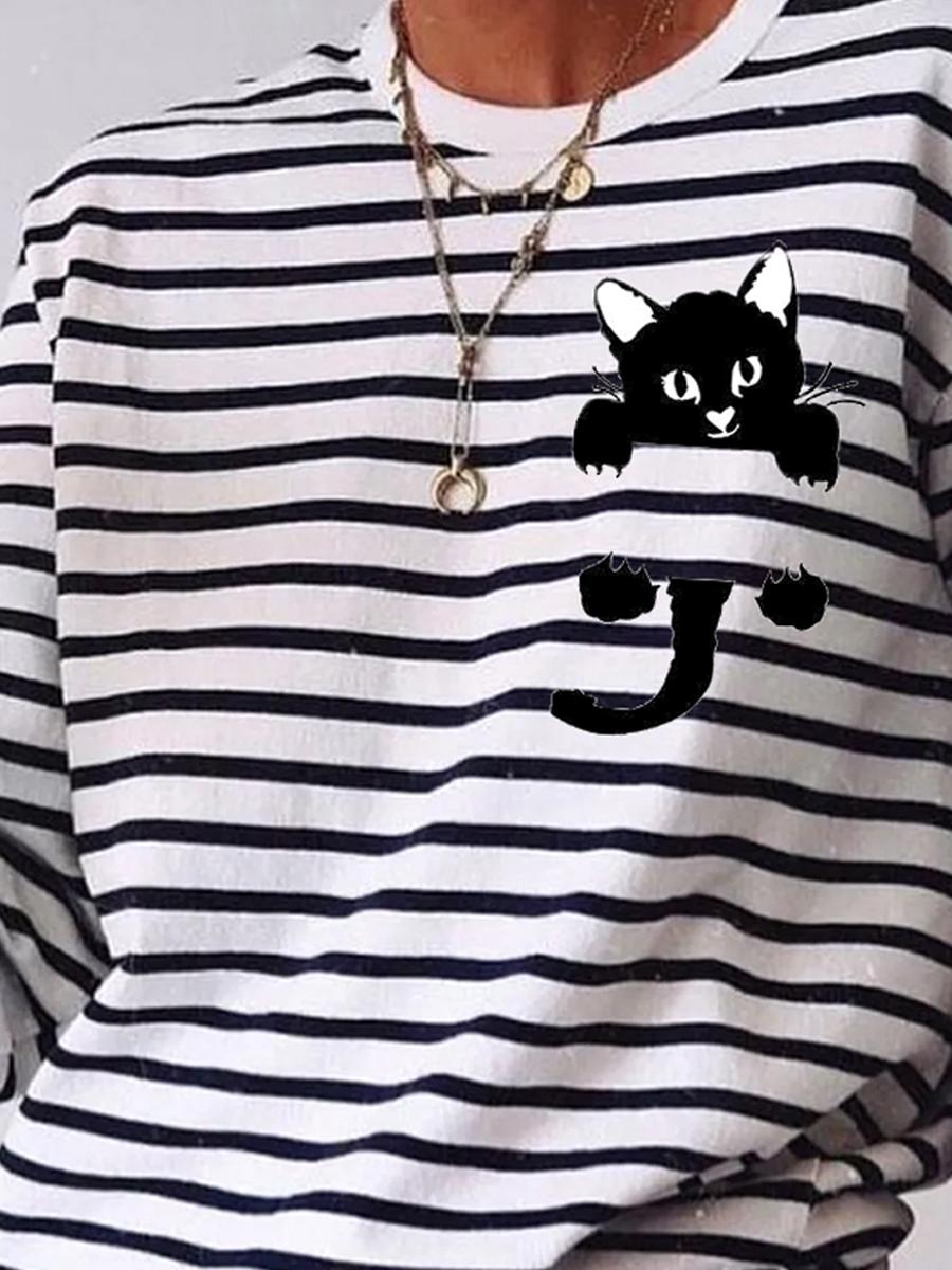 Fun Cat Print Striped Casual Long Sleeve T-shirt