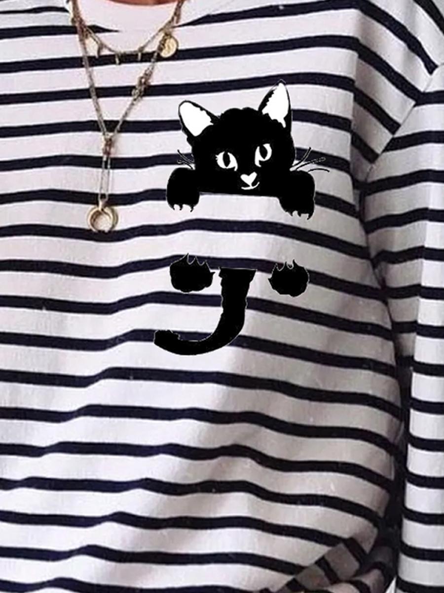 Fun Cat Print Striped Casual Long Sleeve T-shirt