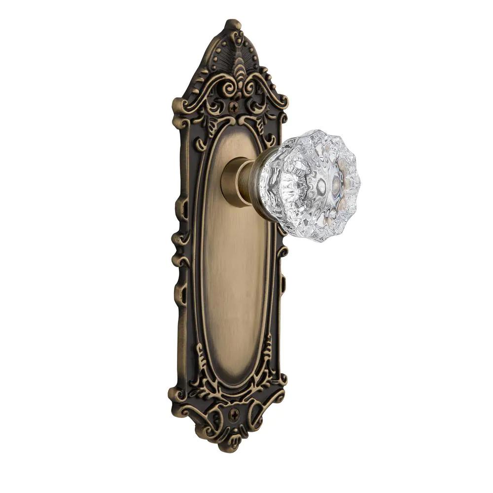 Victorian Plate 2-3/8 in. Backset Antique Brass Privacy Bed/Bath Crystal Glass Door Knob