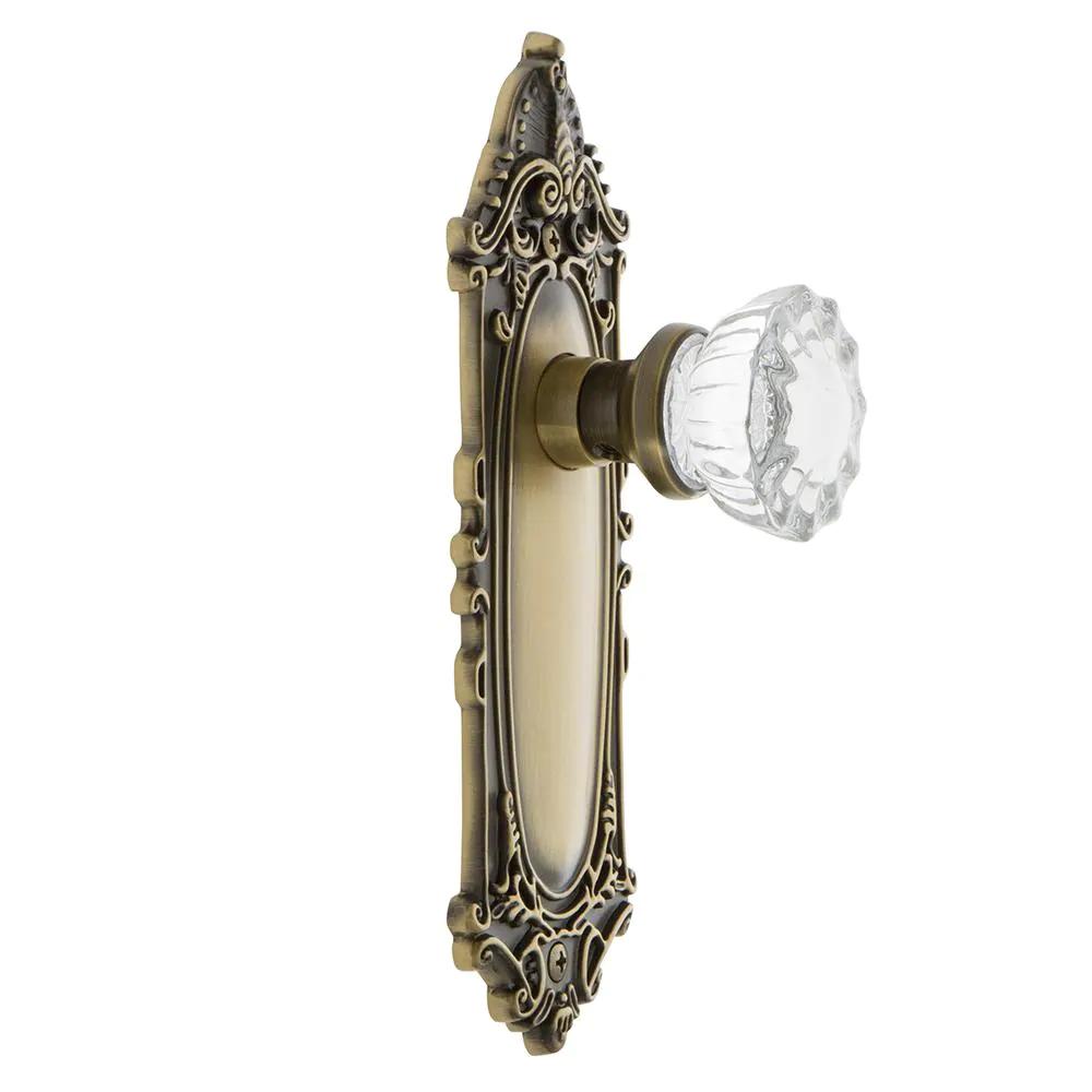 Victorian Plate 2-3/8 in. Backset Antique Brass Privacy Bed/Bath Crystal Glass Door Knob