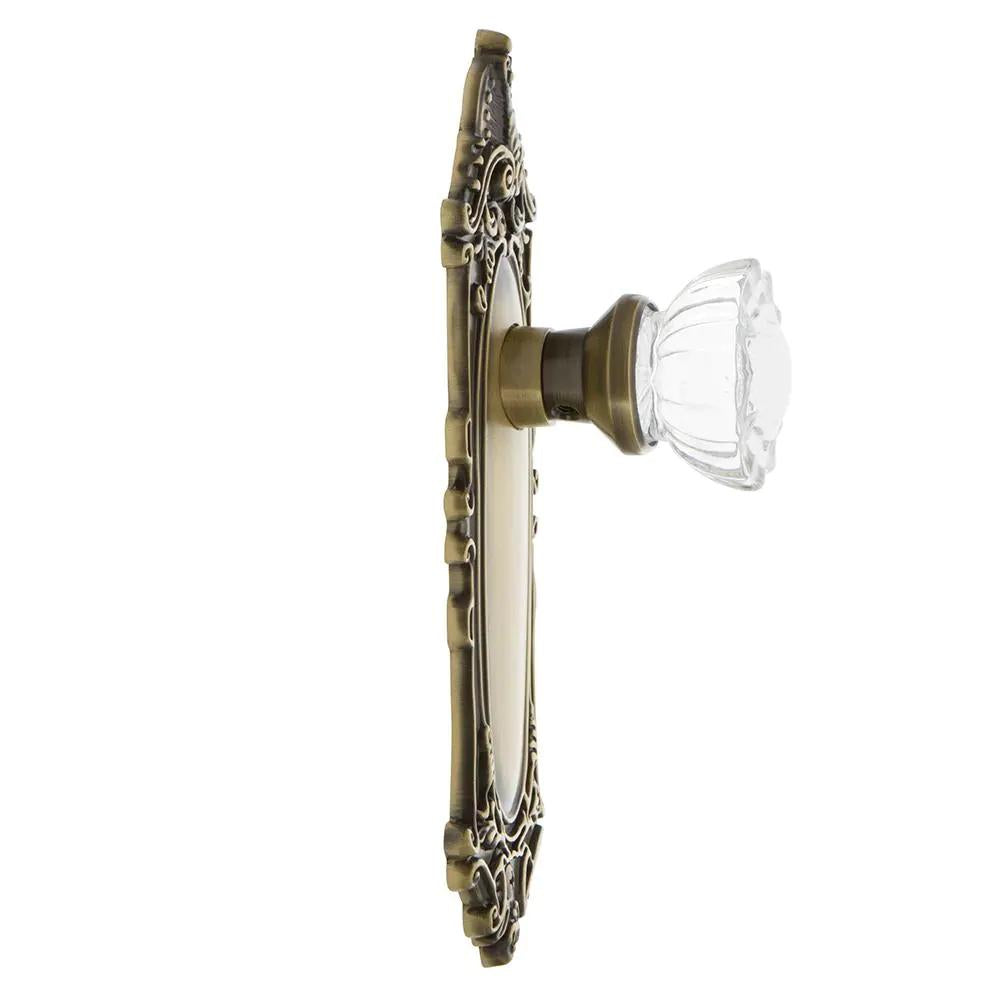 Victorian Plate 2-3/8 in. Backset Antique Brass Privacy Bed/Bath Crystal Glass Door Knob