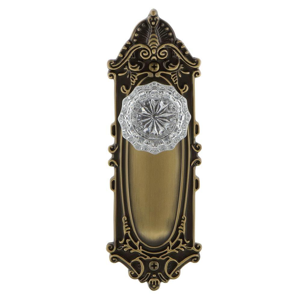 Victorian Plate 2-3/8 in. Backset Antique Brass Privacy Bed/Bath Crystal Glass Door Knob