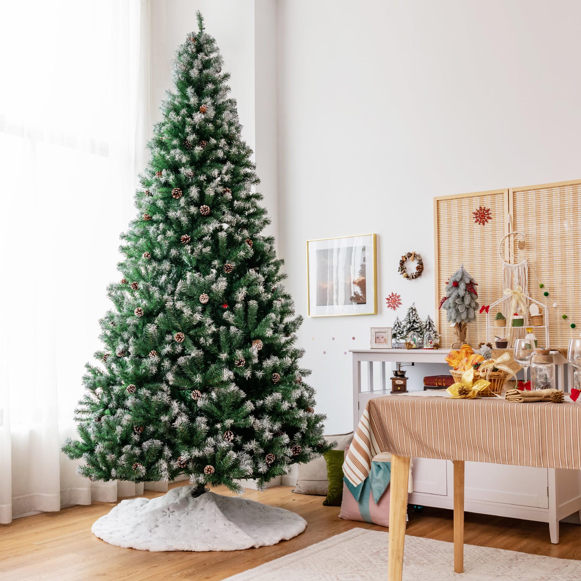 Gymax 9 FT Artificial Snow Flocked Christmas Tree Hinged Xmas Tree w/ Pine Cones