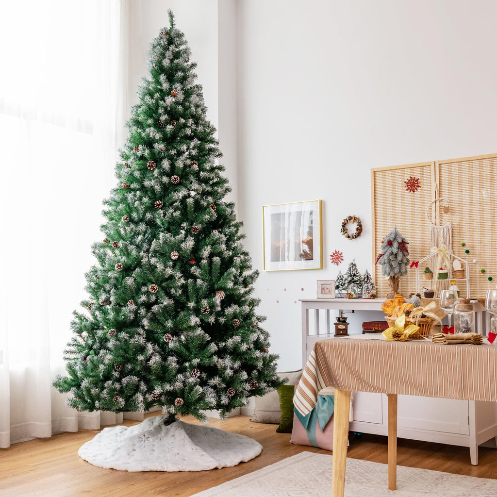Gymax 9 FT Artificial Snow Flocked Christmas Tree Hinged Xmas Tree w/ Pine Cones