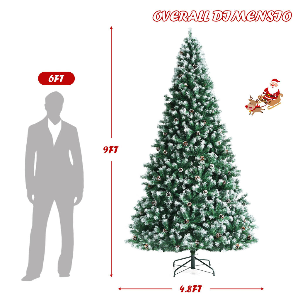 Gymax 9 FT Artificial Snow Flocked Christmas Tree Hinged Xmas Tree w/ Pine Cones