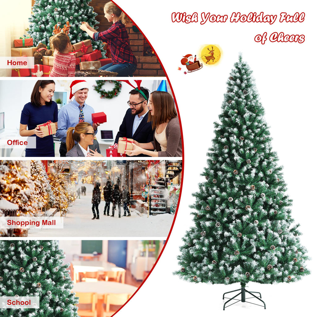 Gymax 9 FT Artificial Snow Flocked Christmas Tree Hinged Xmas Tree w/ Pine Cones