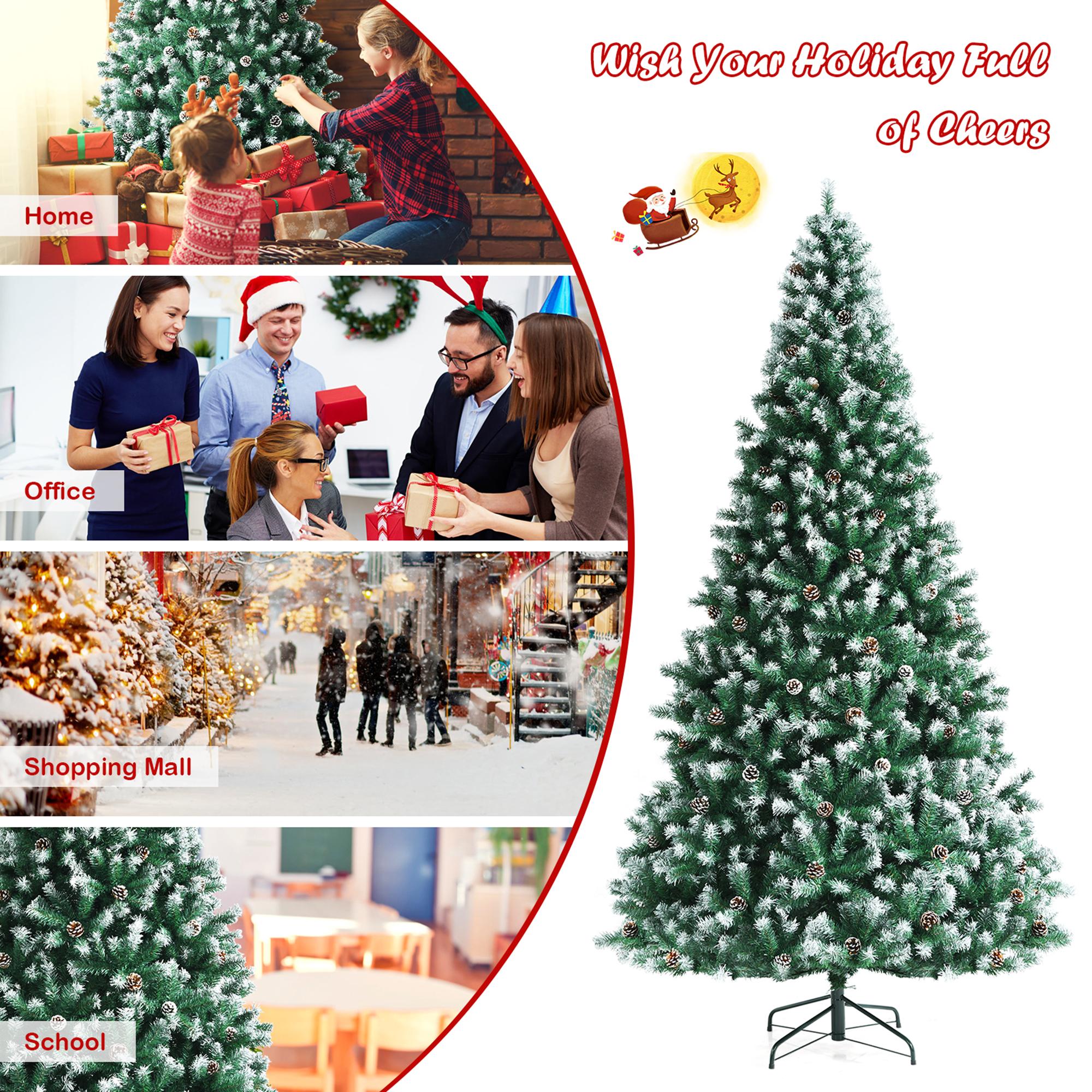 Gymax 9 FT Artificial Snow Flocked Christmas Tree Hinged Xmas Tree w/ Pine Cones