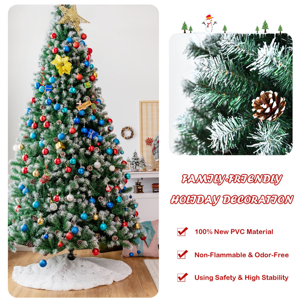 Gymax 9 FT Artificial Snow Flocked Christmas Tree Hinged Xmas Tree w/ Pine Cones