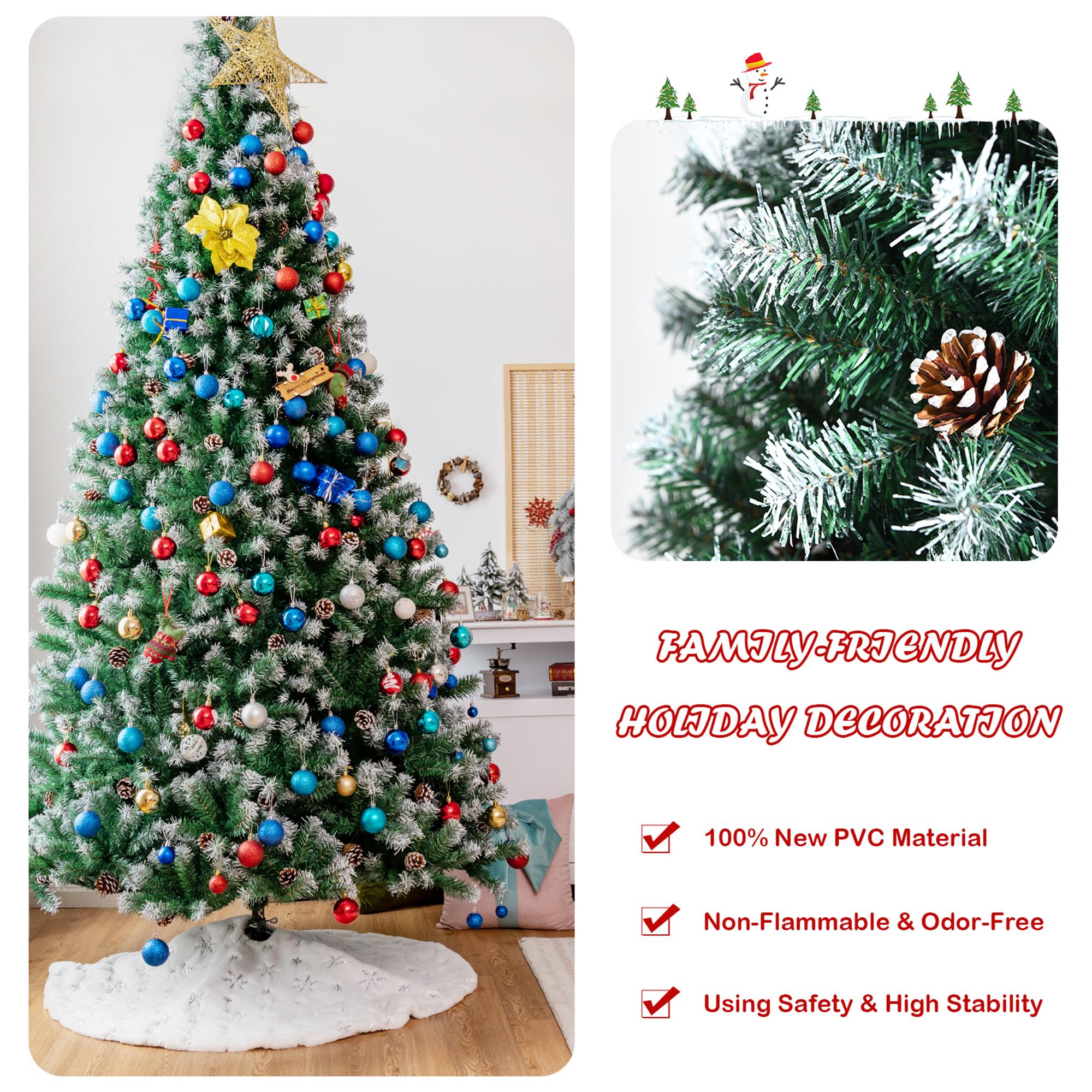 Gymax 9 FT Artificial Snow Flocked Christmas Tree Hinged Xmas Tree w/ Pine Cones