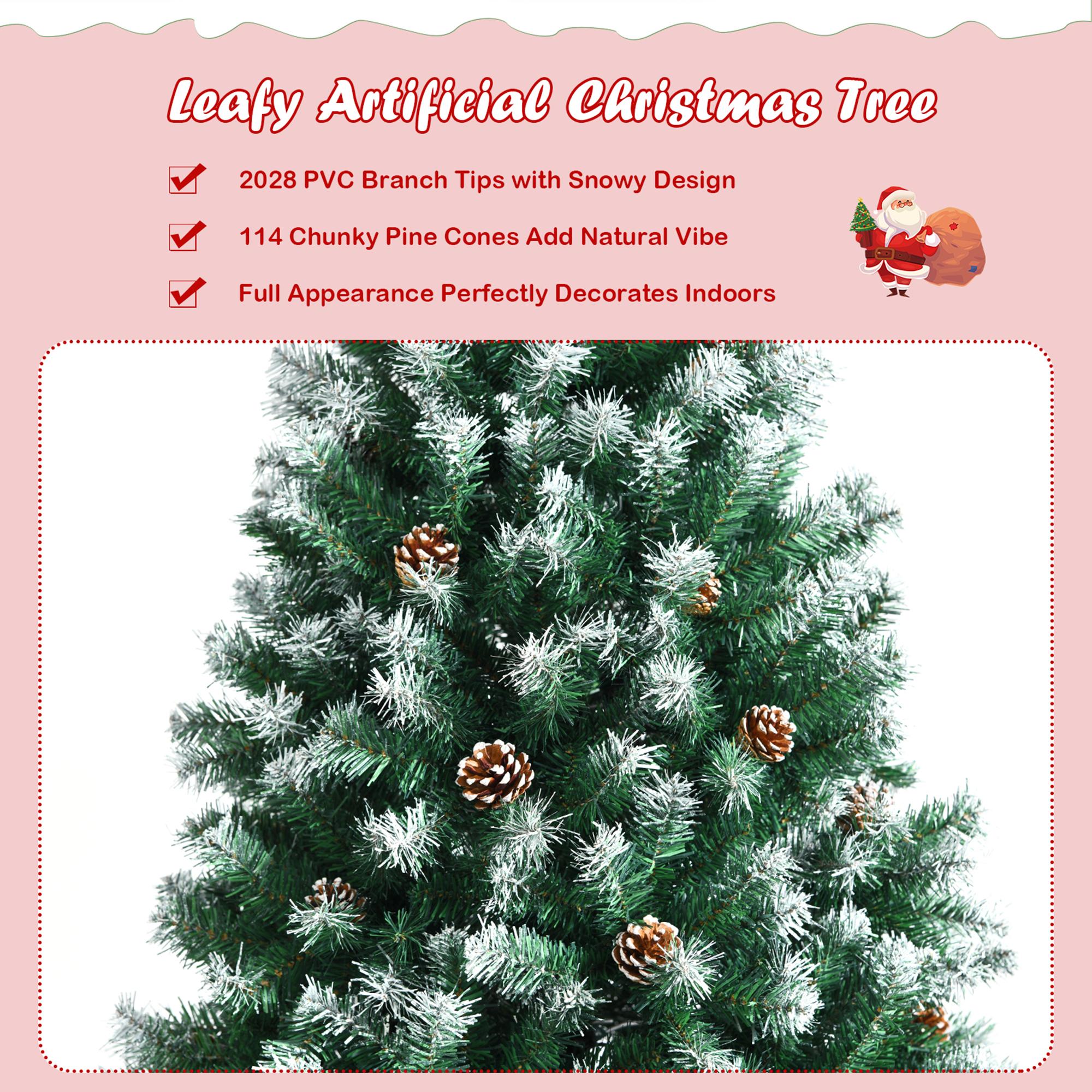 Gymax 9 FT Artificial Snow Flocked Christmas Tree Hinged Xmas Tree w/ Pine Cones