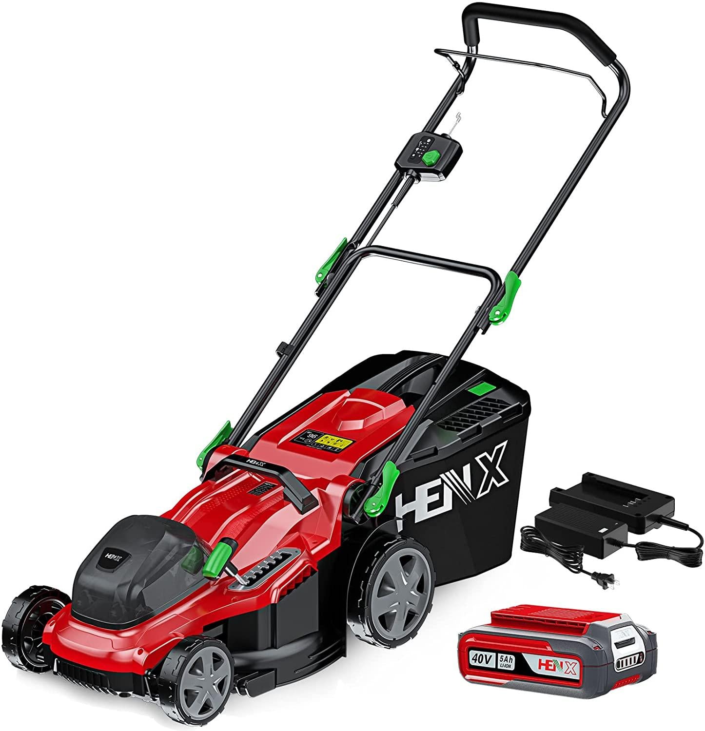 HENX 16-Inch Cordless Lawn Mower 40V Max Lithium-ion, 3-in-1 Function, 7 Deck Height, 5.0 AH Battery Included (New Version)