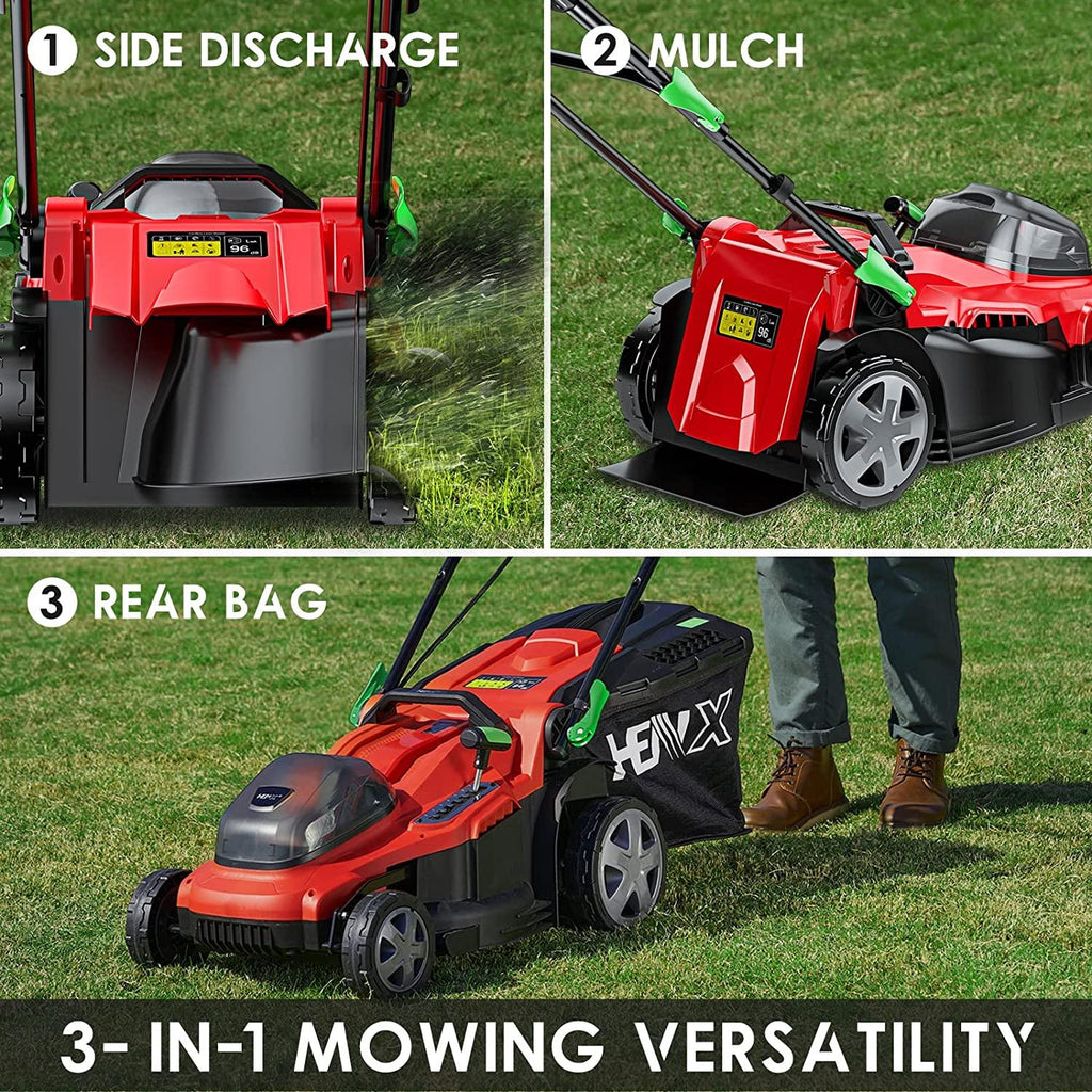 HENX 16-Inch Cordless Lawn Mower 40V Max Lithium-ion, 3-in-1 Function, 7 Deck Height, 5.0 AH Battery Included (New Version)