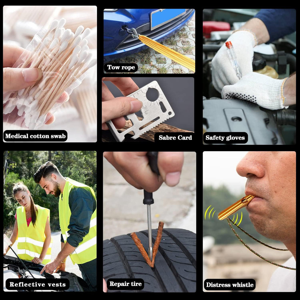 LIANXIN Roadside Emergency Car Kit- Emergency Roadside Kit for Car,Roadside Kit with Jumper Cables,Tow Strap,Car Tool Kit,Deer Whistles for Car,Emergency Truck Kit