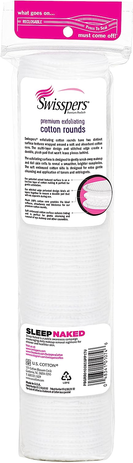Swisspers Premium 100% Natural Cotton Rounds, Hypoallergenic, Reclosable Bags, 100-Count Bags, 6-Pack (600 Count Total)