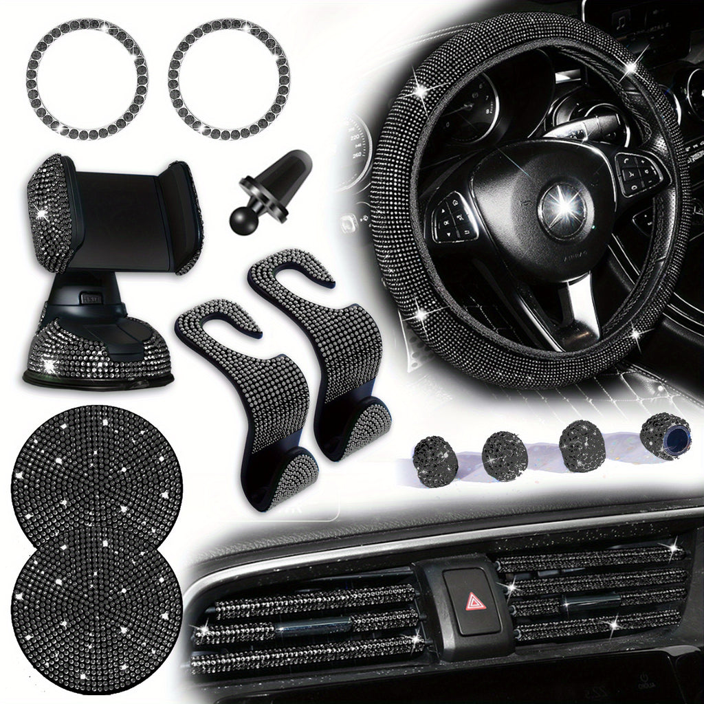 18pcs/set Light Luxury Hot Artificial Diamond Car Interior Set Crystal Steering Wheel Cover Mobile Phone Holder Women Car Interior Accessories